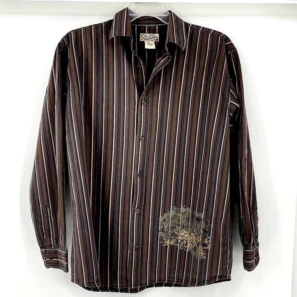 INDIGO JOE-Size XL-Button Up Stripped Long Sleeve Shirt with Front/Back Design